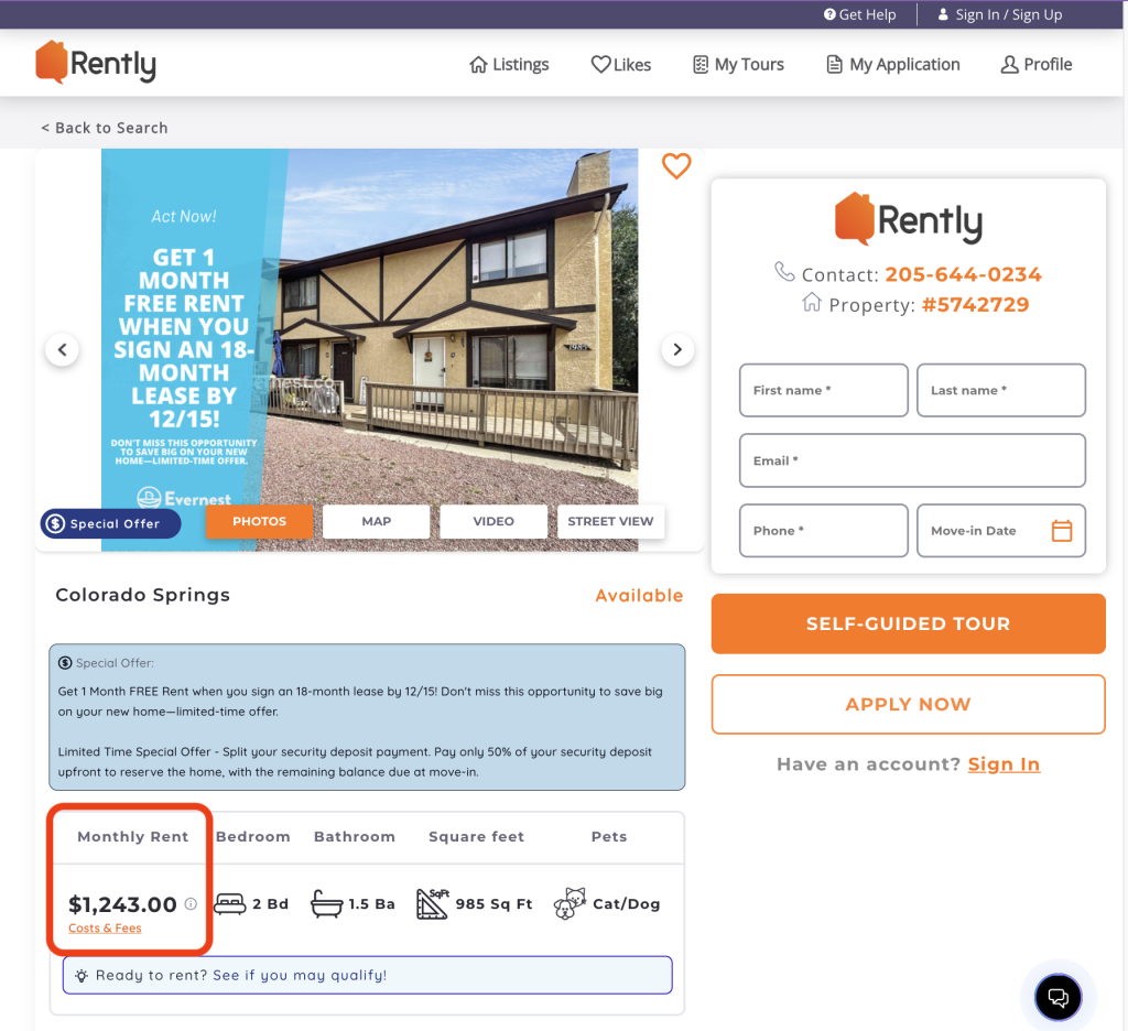 cost and fees link on a listing page